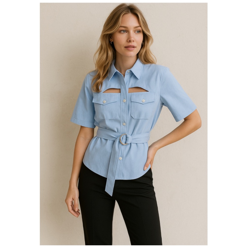 NWT Significant Other Regina Cutout Belted Shirt Light Blue Size 4